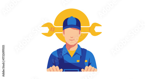 Professional mechanic character in uniform with wrench icon.
