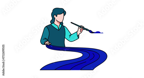 Stylized illustration of an artist painting a flowing blue river.