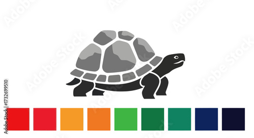 Grayscale graphic illustration of a walking tortoise.