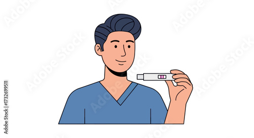 Young man holding a positive pregnancy test result illustration.