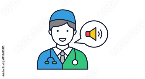 Cartoon doctor icon with a sound announcement symbol.