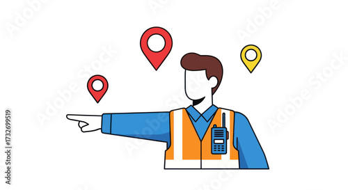 Logistics manager in a safety vest pointing to location pins.
