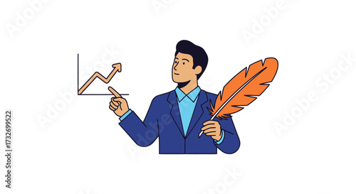 Businessman holding a quill pen points to a rising financial graph.