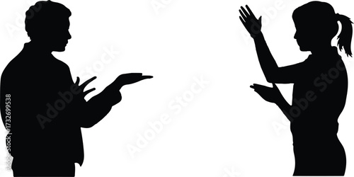 Black silhouette of a man and a woman gesturing with their hands against a white background people