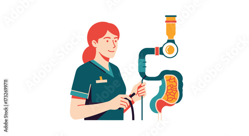 Medical Professional Performing Endoscopy on a Colon Diagram.