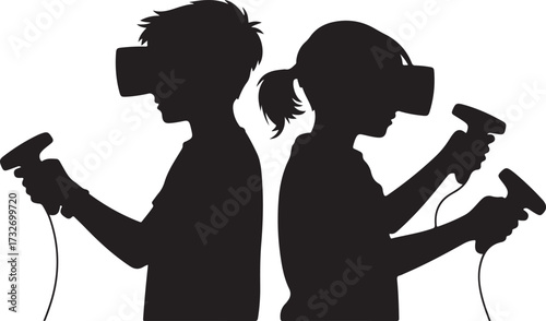 Black silhouette of two children wearing virtual reality headsets and holding controllers goggles