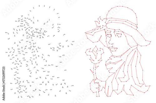 Young girl in a wide-brimmed hat with a flower in her hand. Connect the dots educational drawing game. Dot to dot by numbers puzzle. Google Font Fira Sans Condensed.