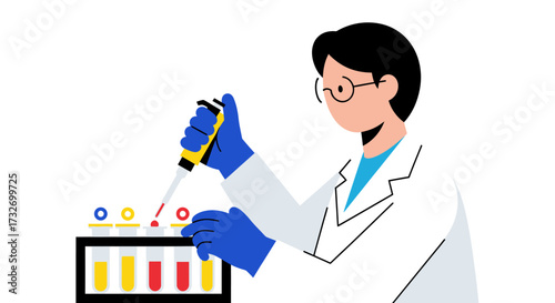 Female scientist in a lab coat using a micropipette for an experiment.