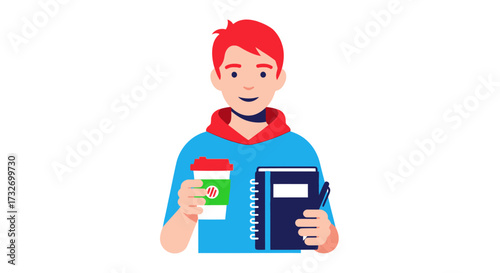 Young man with red hair holding coffee and a notebook.