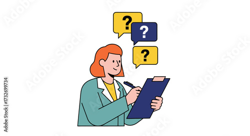 Illustrated woman with clipboard and question mark speech bubbles.