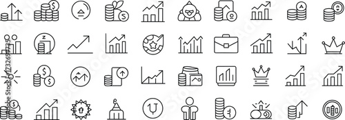 Finance icon set, black and white line art, business symbols, economic growth, investment tools, minimal vector illustration, global money concept, corporate strategy
