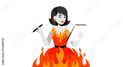 Passionate female writer with a burning dress illustration.