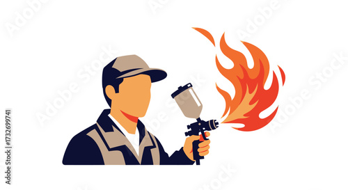 Industrial painter holding a spray gun with flames.