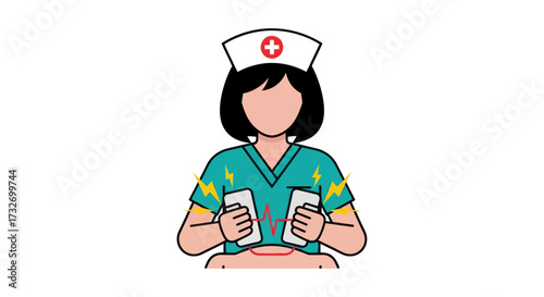 Illustrated Female Nurse in Uniform Providing Patient Care.