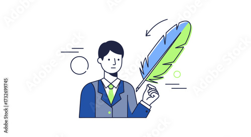 Illustration of a man in a suit writing with a large feather quill.