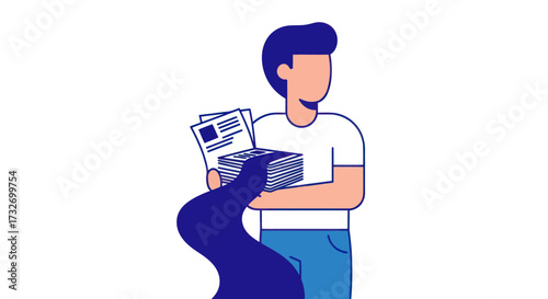 Minimalist illustration of a young man holding a stack of documents.