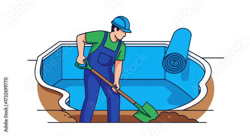 Construction worker with a shovel building a swimming pool.