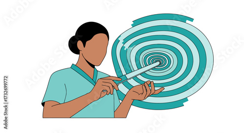 Faceless person with teal uniform, wand touching abstract teal circle