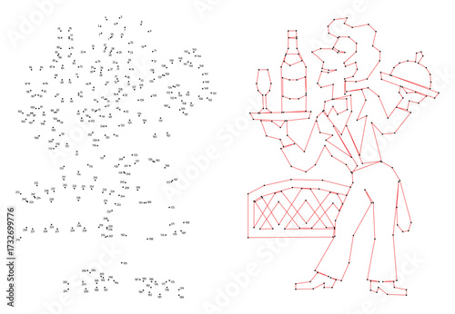 Waiter with tray, wine and glass. Connect the dots educational drawing game. Dot to dot by numbers puzzle. Google Font Fira Sans Condensed.