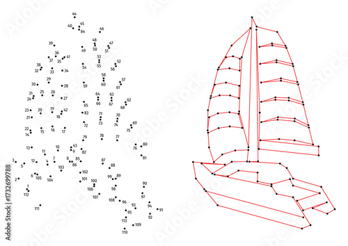 Yacht with sails. Connect the dots educational drawing game. Dot to dot by numbers puzzle. Google Font Fira Sans Condensed.