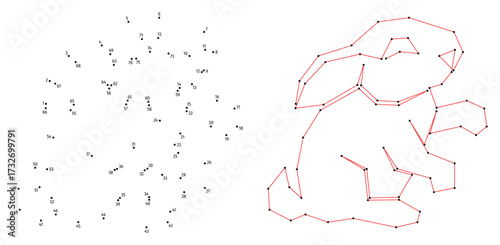 Little rabbit sits on ground. Connect the dots educational drawing game. Dot to dot by numbers puzzle. Google Font Fira Sans Condensed.