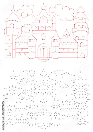 Palace with towers. Connect the dots educational drawing game. Dot to dot by numbers puzzle. Google Font Fira Sans Condensed.