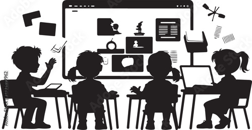 Children silhouettes learning at desks with a large computer screen displaying educational content school