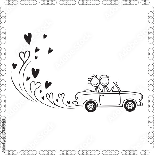 Romantic Journey: A whimsical black and white illustration depicting a couple embarking on a romantic journey in a vintage convertible, hearts cascading behind them