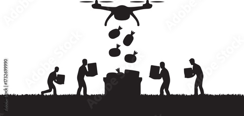 Drone delivering packages to people on grass silhouette delivery