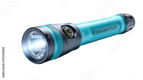 Turquoise flashlight projecting bright light beam handheld torch shining illumination portable lamp glowing device isolated on white background