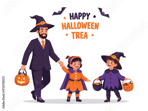 Halloween Trick or Treat : A heartwarming scene unfolds as a father accompanies his children on a joyful Halloween trick-or-treat adventure.