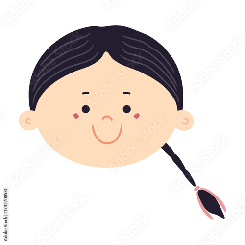 Cute young girl face with long hair, braid style, ribbon isolated on transparent background. Hand drawn vector illustration. Flat design. Kawaii cartoon character, clip art. Little kid, child