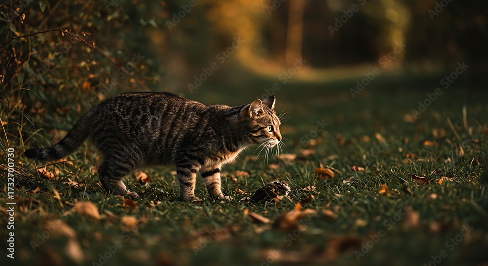 Obraz premium 猫 写真 自然光が草むらを歩き回る猫の姿を捉え生き生きとした瞬間を表現する