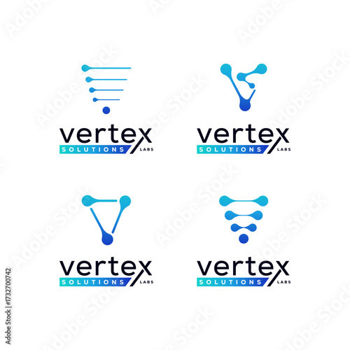 Set of four modern technology logos featuring abstract connected nodes and lines representing Vertex Solutions Labs innovation and connectivity. Editable Vector File