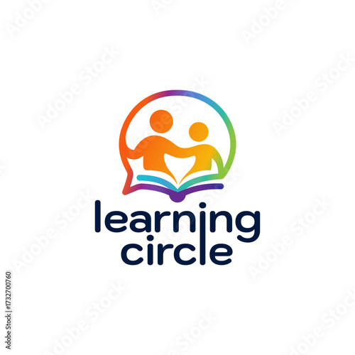 Colorful logo featuring two figures holding hands over an open book inside a speech bubble symbolizing Learning Circle education and community. Editable Vector File
