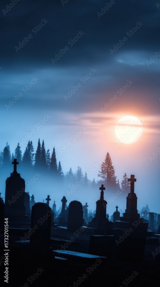 Obraz premium Serene sunset over a misty cemetery, with silhouetted gravestones and tall trees in the background