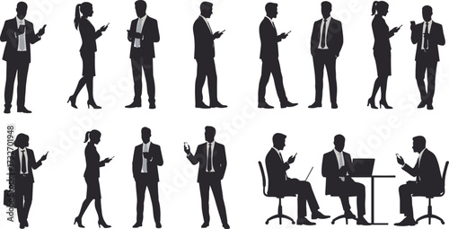 Business professionals silhouette illustration—formal attire, workplace interaction, meeting, mobile use—vector artwork, corporate theme, office culture, team dynamics