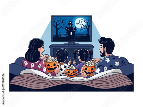 Cozy Halloween Movie Night: A family enjoys a thrilling Halloween movie night. Cozy on the sofa, they share popcorn, creating an atmosphere of fun and togetherness