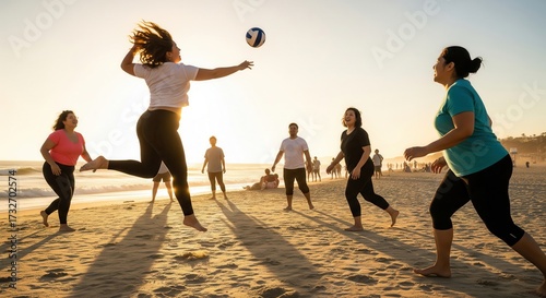 Group of diverse body positive people playing volleyball on beach at sunset, active lifestyle, joy, inclusivity, confidence, friendship, summer fun, healthy movement and community spirit