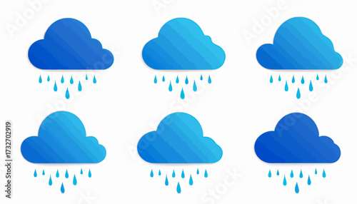 Six stylized blue clouds depicted with falling raindrops, representing various weather conditions and precipitation.
