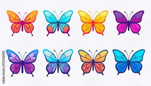 A vibrant illustration showcasing eight colorful butterflies with detailed wing patterns and antennae, arranged in two rows.
