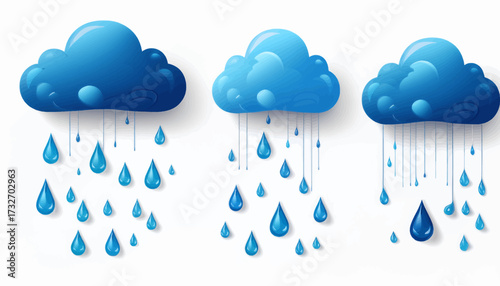 Three stylized blue clouds depicted raining water droplets in varying intensities against a white background.