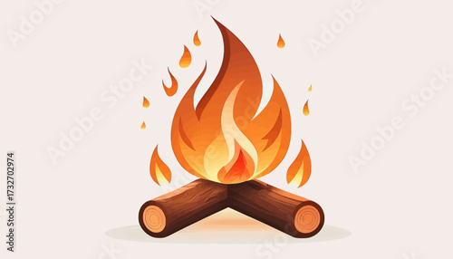 A vibrant illustration depicting a stylized campfire with orange and yellow flames rising from two brown logs.