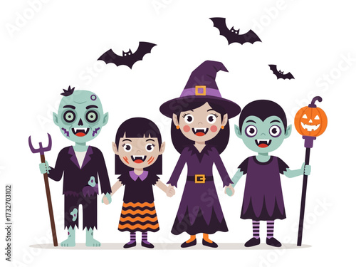 Halloween Crew: A group of cheerful kids dressed up in spooky costumes come together in a heartwarming display of friendship and holiday spirit