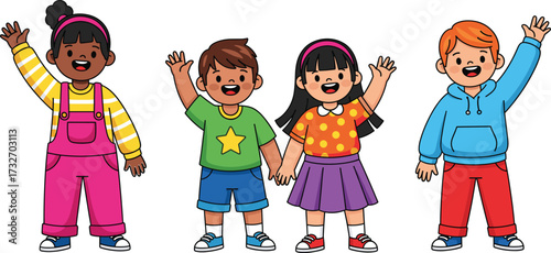 Cartoon children waving illustration set, diverse character icons, friendly kids clipart, educational graphics, inclusive vector bundle, childhood design