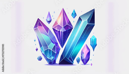 A vibrant cluster of glowing purple and blue faceted crystals on a white background.
