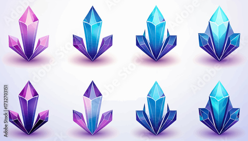 A collection of eight stylized, faceted crystal icons in shades of purple and blue, presented in two rows against a light background, suggesting digital graphics or game elements.