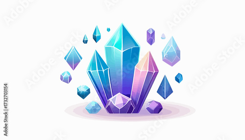 An enchanting illustration featuring a sparkling cluster of vibrant, faceted crystals and gemstones in various shades of blue, purple, and pink, exuding a magical glow.
