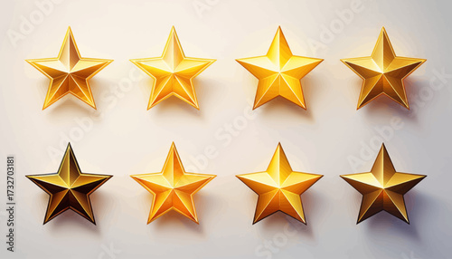 Eight golden stars arranged in two rows, casting shadows on a neutral background.