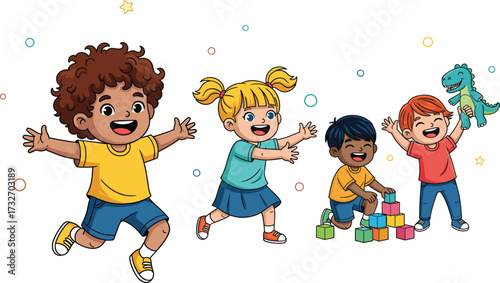 Cartoon children playing illustration set, creative activity icons, early childhood clipart, educational graphics, vector kids, playful design bundleCartoon children playing illustration set, creative
